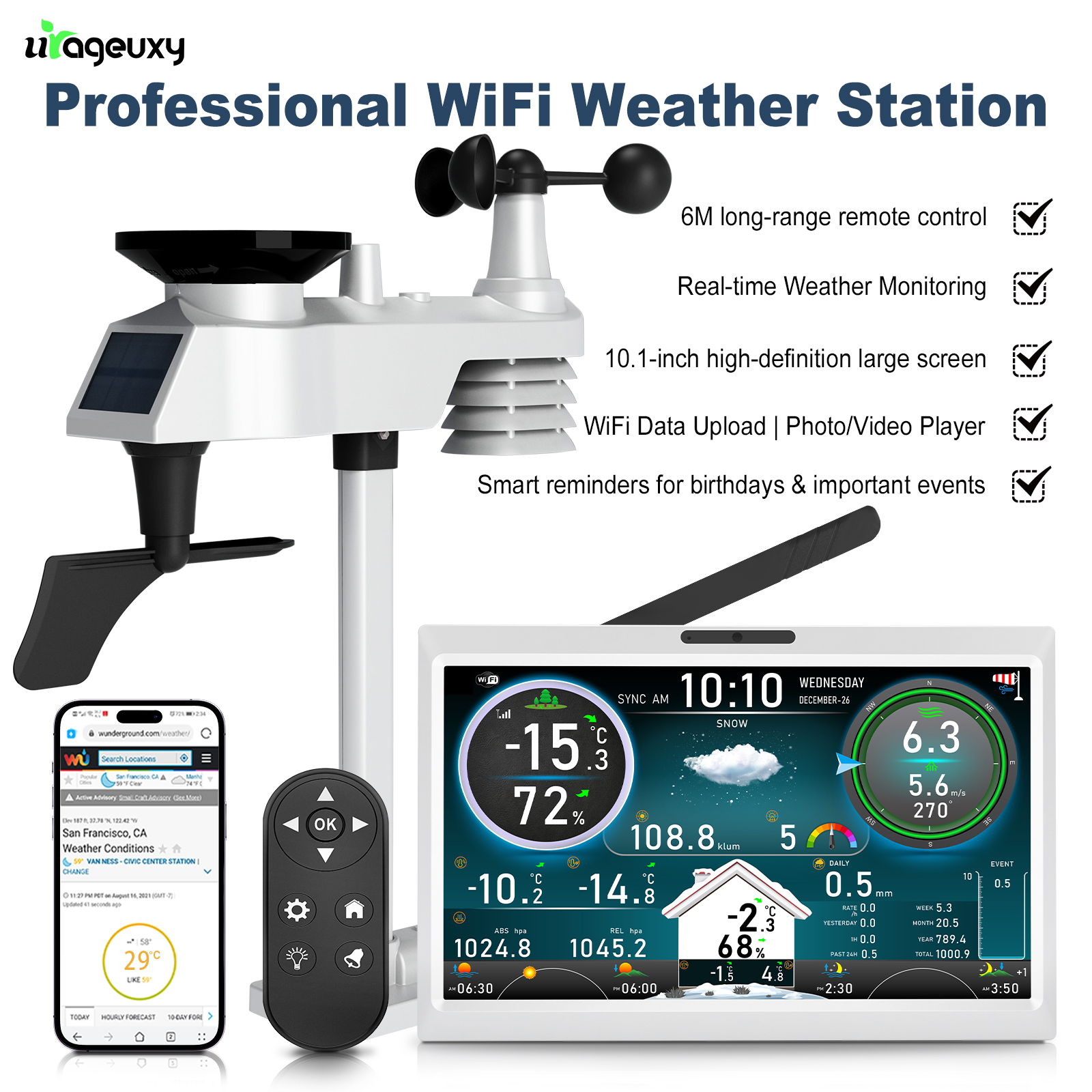 Garden Weather Station - 10,1-дюймовый HD TFT-дисплей, Wi-Fi, метеостанция, беспроводной